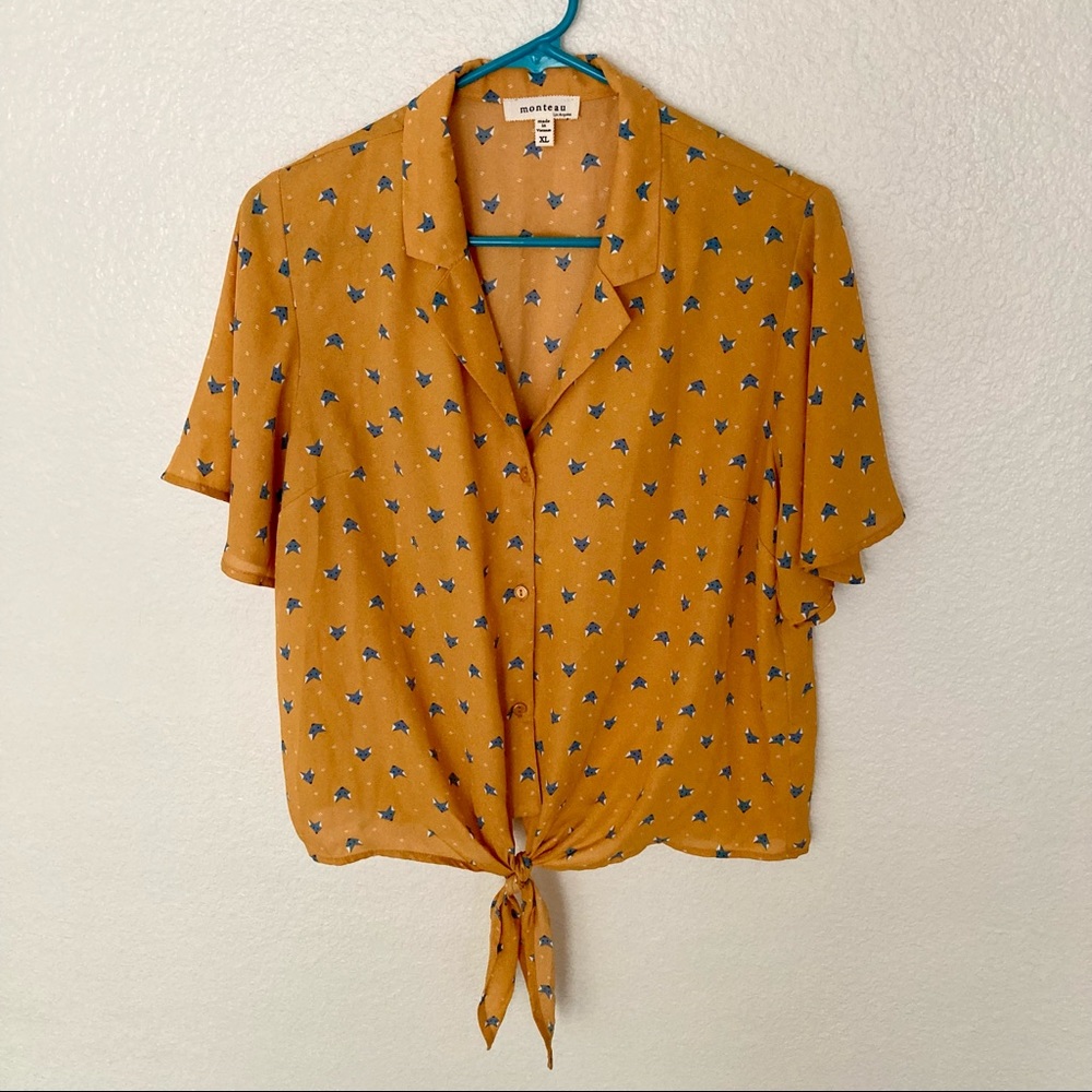 Fox Print Button Down Shirt with Tie Front